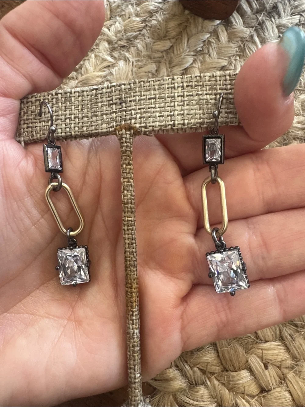 MIxed Metal Geometric Crystal Drop Earrings Gunmetal and Gold Tone - Picture 3 of 4